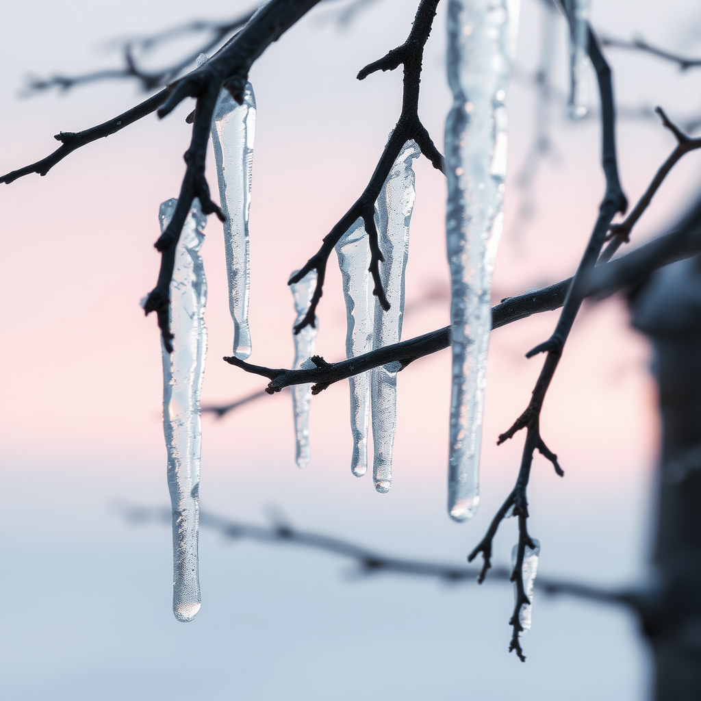 You can see delicate and shimmering icicles hanging from thin, emaciated branches up close. This scene captures a serene winter atmosphere with a soft, muted background transitioning from light pink to cool gray, evoking a sense of tranquility. The ice forms are depicted with surreal details, emphasizing clarity and intricate shapes like crystal. The branches are dark and textured, contrasting with the translucent ice. Soft light reflects off the icicles, creating a captivating interplay of light and shadow. The overall aesthetic combines elements of calmness and cold, leading the viewer into a peaceful winter moment.