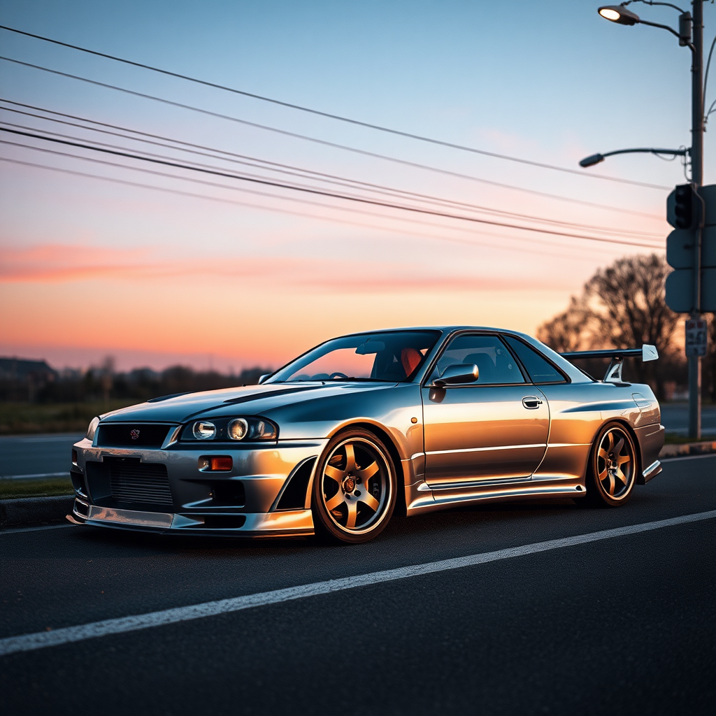 metallic shine nissan skyline r34 the car is parked on the side of the road, inspired by Taiyō Matsumoto, tumblr, restomod, nd4, c4 cold colors