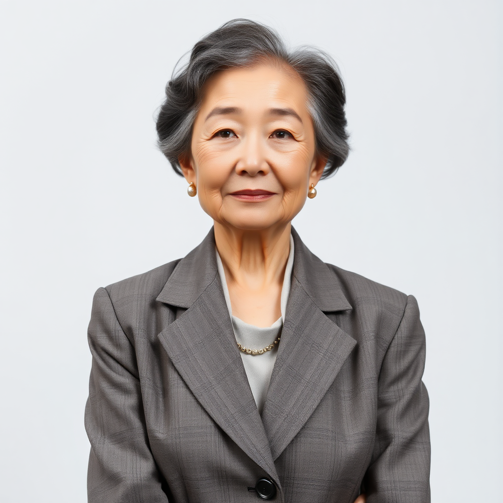 80 age old korean woman, front, woman suit, photo studio background,