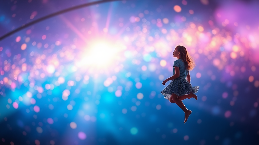 Low Key Lighting, dreamscape, nebula, Bokeh, abstract, brilliant colors, glittering, translucent, iridescent, glowing, artistic photo, panoramic, airy, original, experimental, interdimensional, fireworks, preteen girl floating in the distance, generative art