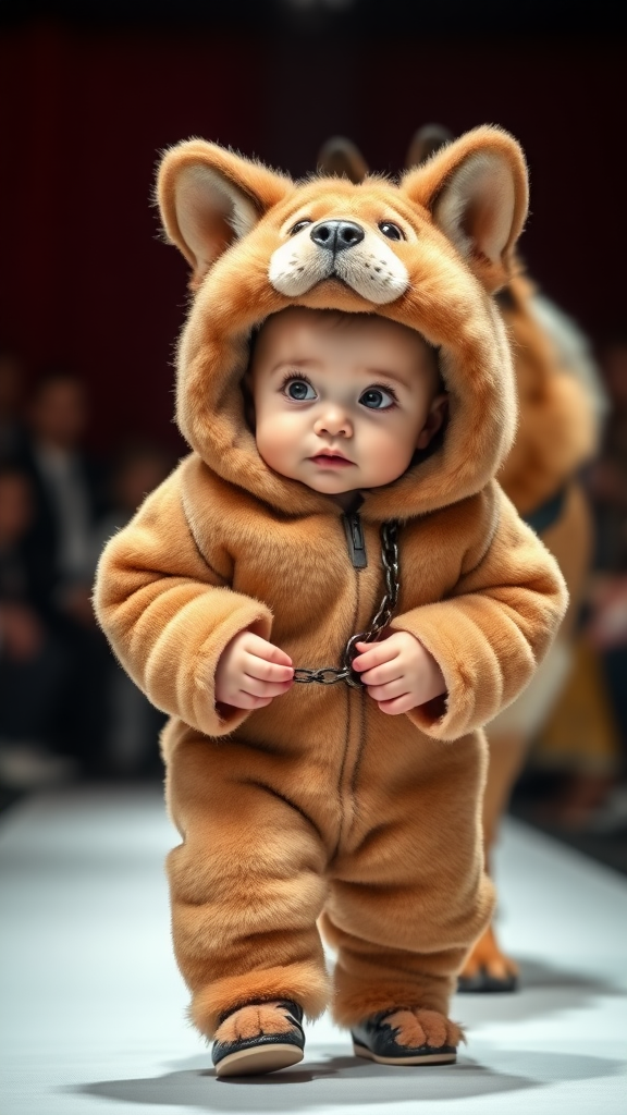 A cute small chubby fair baby with big eyes, pink lips, and pink cheeks, wearing a furry cozy dog costume, is doing a ramp walk in a fashion show, walking alongside a real German shepherd dog. The baby is holding the dog's collar chain in a cinematic style.