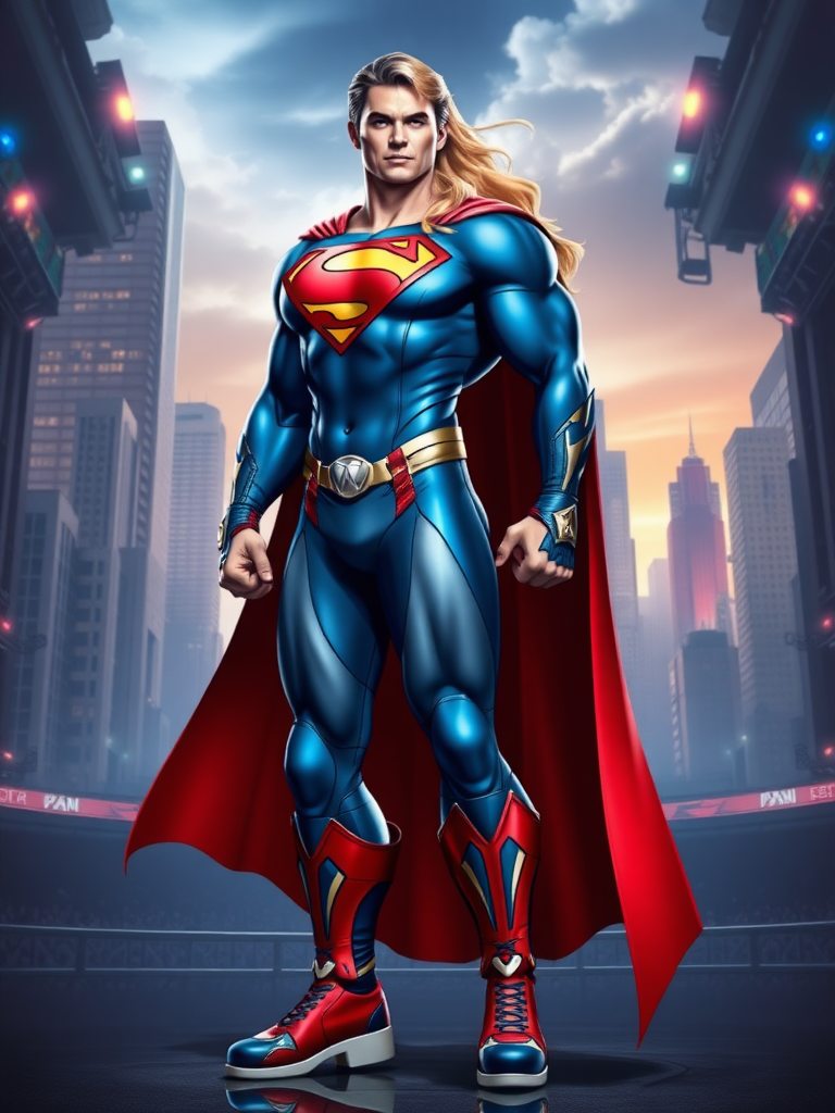 Create a full-length image of Superman with the body traits of R. Mika. The character should retain Superman's iconic blue and red costume, but incorporate stylized embellishments and elements from R. Mika, such as her wrestling-inspired boots and gloves. The physique should be muscular and curvaceous, reflecting R. Mika's athletic build, with exaggerated, strong limbs and a robust torso. The scene should be set in a dynamic cityscape, combining Metropolis' modern skyline with elements of a wrestling arena to create an appropriate and thrilling background for both characters.