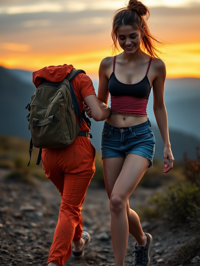 A top model, brunette, long layered haircut with a messy hair bun, wearing a tiny denim short, a super sexy top, Black converse all star shoes, with a hiking backpack on her shoulder, she is helping another girl to walk back to her camp. The second girl is wearing sexy orange inmate outfit, she is dirty, covered with mud, barefoot. They are walking in the mountain, at sunset. Both of the girls are looking at the camera, there is something erotic and sensual in the air.