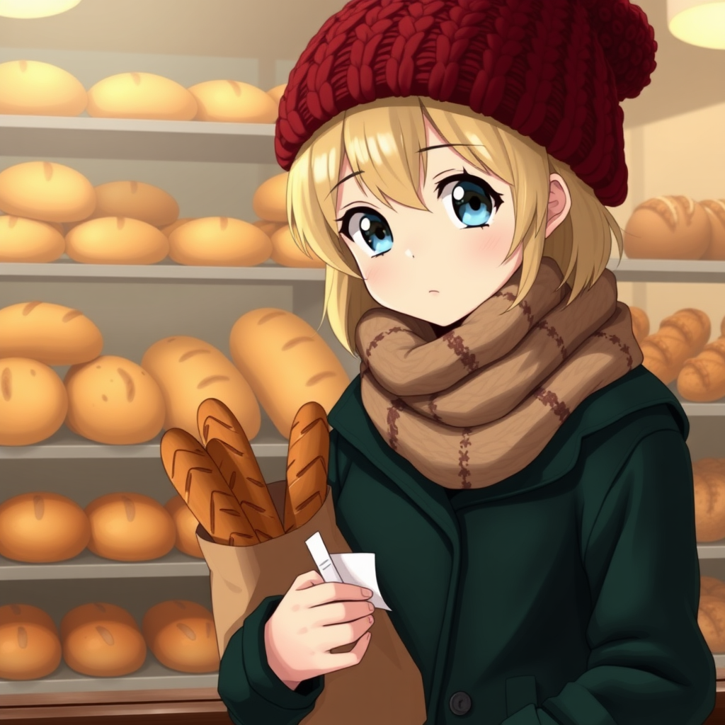 A young anime-style character standing before a bakery window. They have shoulder-length, wispy light blonde hair and large, expressive blue eyes. The character wears an oversized chunky knit hat in deep rust red, a forest green winter coat, and a cream and brown patterned scarf. In one hand, they hold a brown paper bag with French baguettes visible at the top. The other hand grasps a small white receipt. Behind them, a bakery window display showcases multiple shelves filled with an assortment of breads and pastries. Golden round loaves, long crusty baguettes, braided challah breads, and various pastries in warm tones of amber, caramel, and deep brown fill the shelves. The color palette is dominated by warm autumnal hues - oranges, browns, and rich golds. Soft, slightly hazy lighting gives the scene a dreamy quality. The character's expression is thoughtful and slightly wistful. The art style is detailed and painterly, with a focus on creating a warm, inviting atmosphere. The background is slightly blurred, emphasizing the character and breads in the foreground. The overall image evokes a sense of comfort, nostalgia, and the simple pleasure of fresh bread on a cool day.