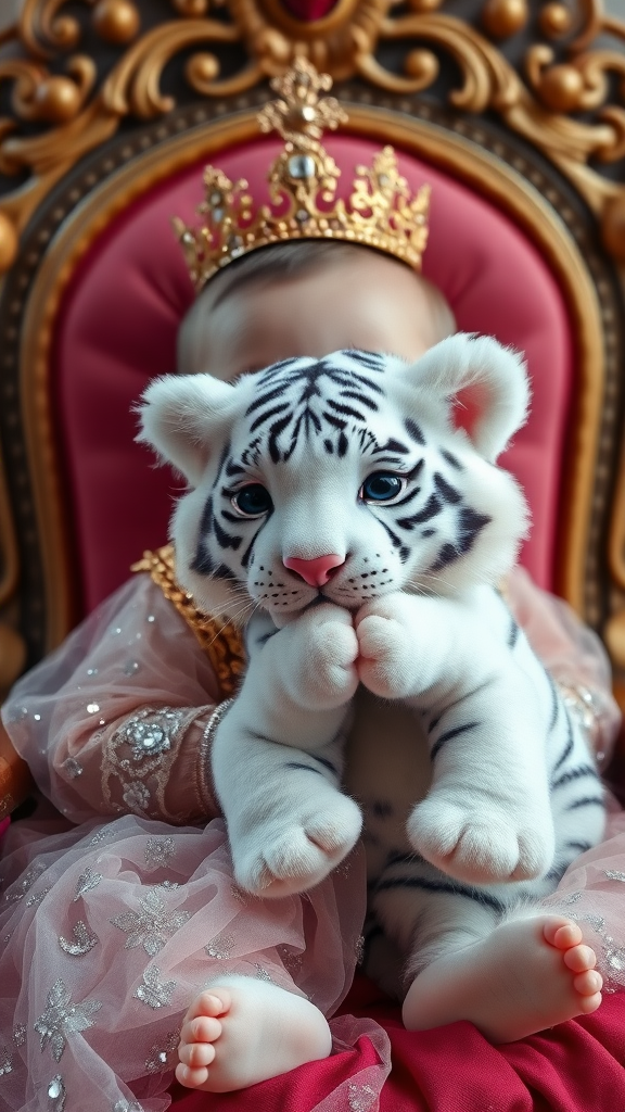 A cute small chubby fair baby big eyes pink lips pink cheeks wearing a royal sparkling frock sitting on throne holding a white fluffy cute tiger