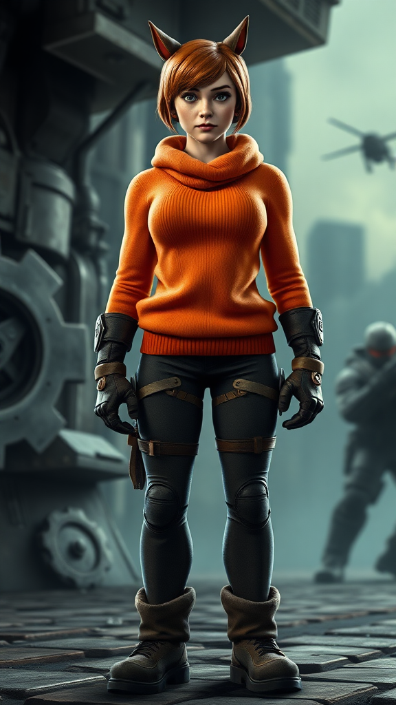 A full-length image of Velma Dinkley's character and personality embodied within the muscular physique and proportions of Marcus Fenix, maintaining Velma's distinct hairstyle, facial features, and iconic orange sweater, adjusting the costume to complement the new masculine form. The background should incorporate visual elements and aesthetics from both the Scooby-Doo and Gears of War franchises, creating a cohesive and visually striking composition.