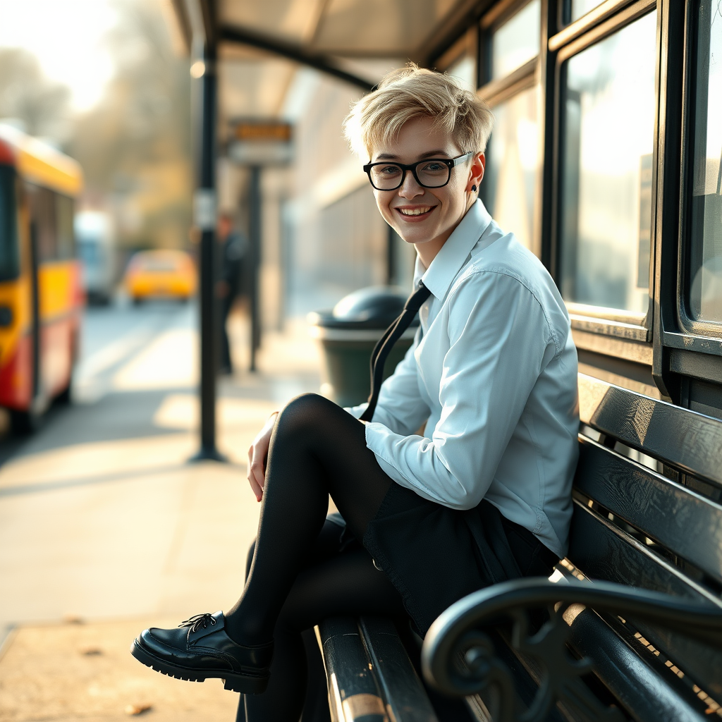 photorealistic, ultra high resolution, 16K, surreal fantasy, soft studio lighting, a pretty 18 year old goth male, slim male physique, short blonde hair, black glasses, goth makeup, earrings, shiny black pantyhose, UK girls-school uniform, Mary-Jane shoes, sitting on his boyfriend's lap on a bench waiting for the school bus, in daylight, excited smile, facing the camera.