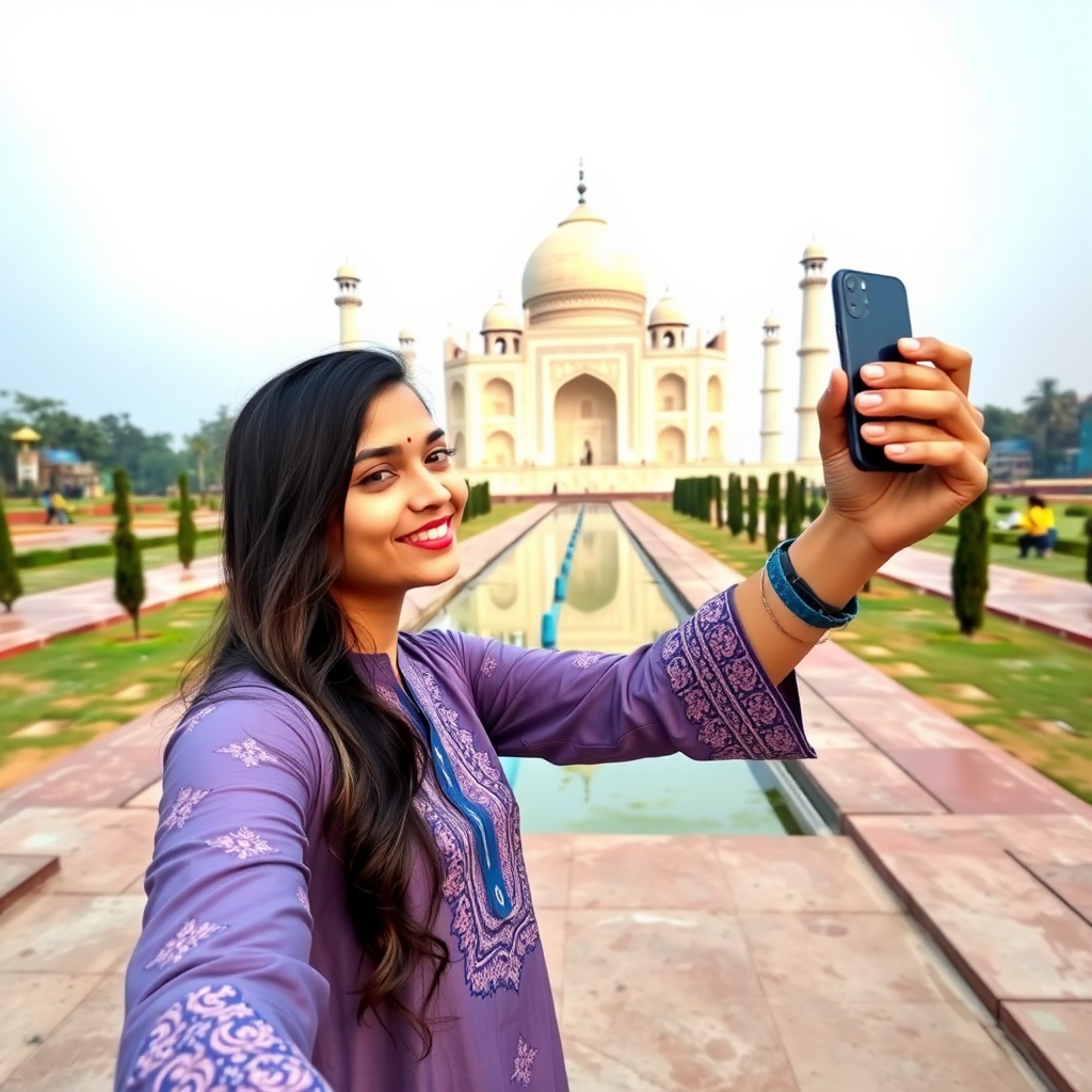 A 20 year old model in kurti taking a selfie in front of Taj Mahal, in blue and violet.