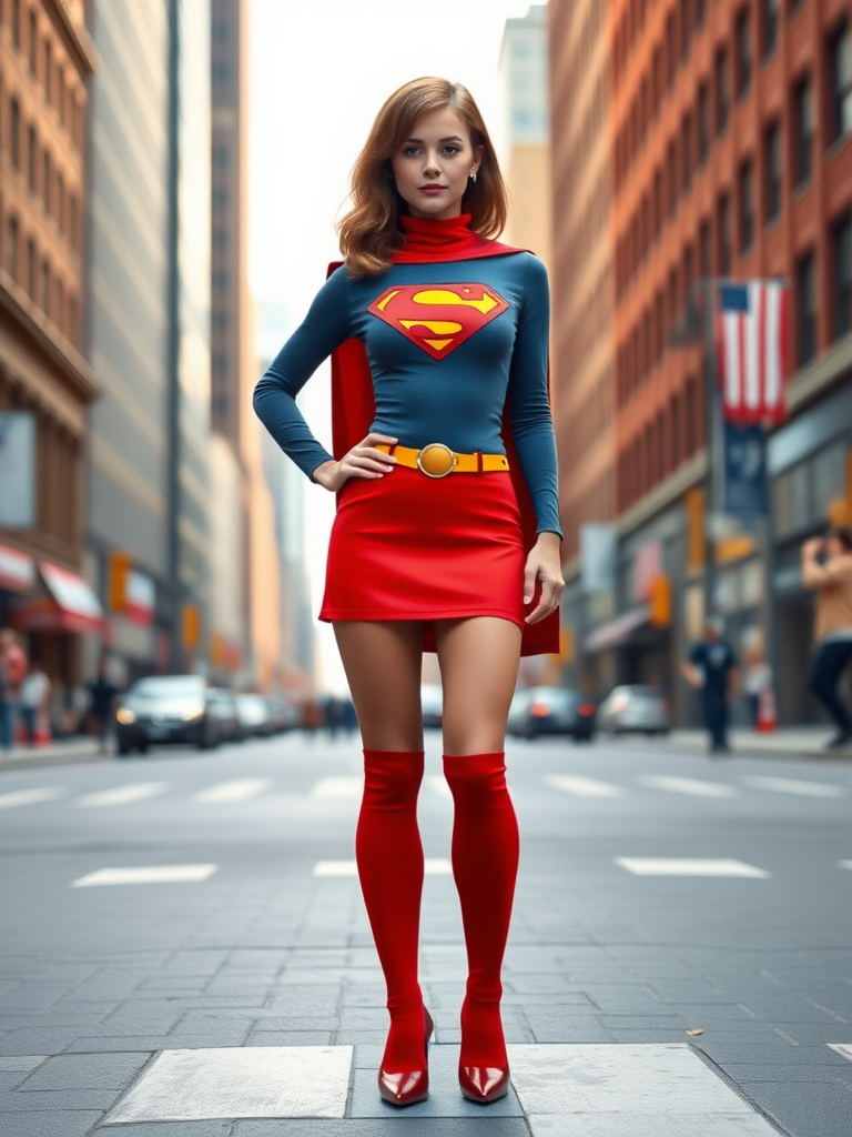 Generate a full-length image of a character who looks like Superman, but has Velma Dinkley's body type and her signature orange turtleneck, red miniskirt, and knee-high socks. Include the iconic Superman belt and the red cape. Set the background as the streets of Metropolis.