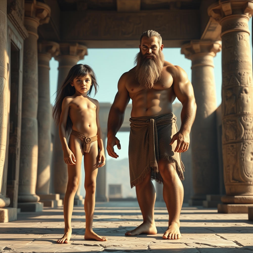 photorealistic, ultra high resolution, 16K. Ancient Babylonians. A skinny 10-years-old teen boy, very long hairs, long legs, bare thighs. With a giant strong muscular slightly bearded young adult man. In ancient temple. Full length view.