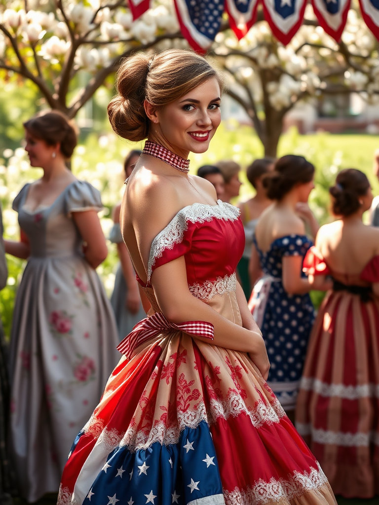 In the vibrant social atmosphere of the 1840s, an enchanting American lady exudes charm and elegance, her figure adorned in a stunning vintage evening gown crafted from exquisite fabric that features a harmonious blend of red, white, and blue, echoing the iconic stars and stripes motif. The gown cascades gracefully to the floor, its delicate layers embroidered with intricate patterns that catch the soft, diffused light, reminiscent of a long-lost vintage photograph, imbuing the scene with a warm, nostalgic glow.

Her hair is meticulously styled into an elegant bun, the glossy strands artfully twisted and secured with a matching ribbon, boldly patterned with stars and stripes, framing her face beautifully. The subtle smile gracing her parted lips, painted a soft crimson, conveys a sense of warmth and welcoming, while her bright, sparkling eyes, shining like sapphires, reflect a deep-seated pride in her country.

Around her, the atmosphere is alive with gentle whispers of laughter and the soft rustle of fabric, as other ladies in similar finery mingle, their own expressions rich with camaraderie. The faint fragrance of blooming magnolias wafts through the air, mingling with the nostalgic aroma of freshly baked pies, enhancing the wholesome, festive spirit of the gathering. The backdrop of a sun-drenched garden, dotted with patriotic bunting, enriches the scene, creating a picturesque setting that encapsulates not just a moment in time, but a sense of belonging, celebration, and national pride.