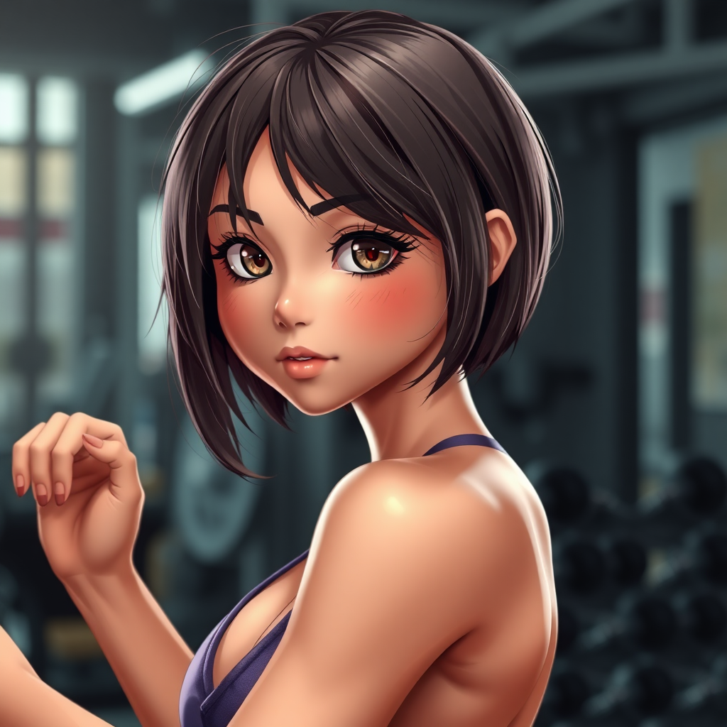 Animated AI porn style image, cute fit brunette girl, short hair, gym, sweaty, highly detailed, masterpiece, professional photo, extreme details, high resolution, hdr