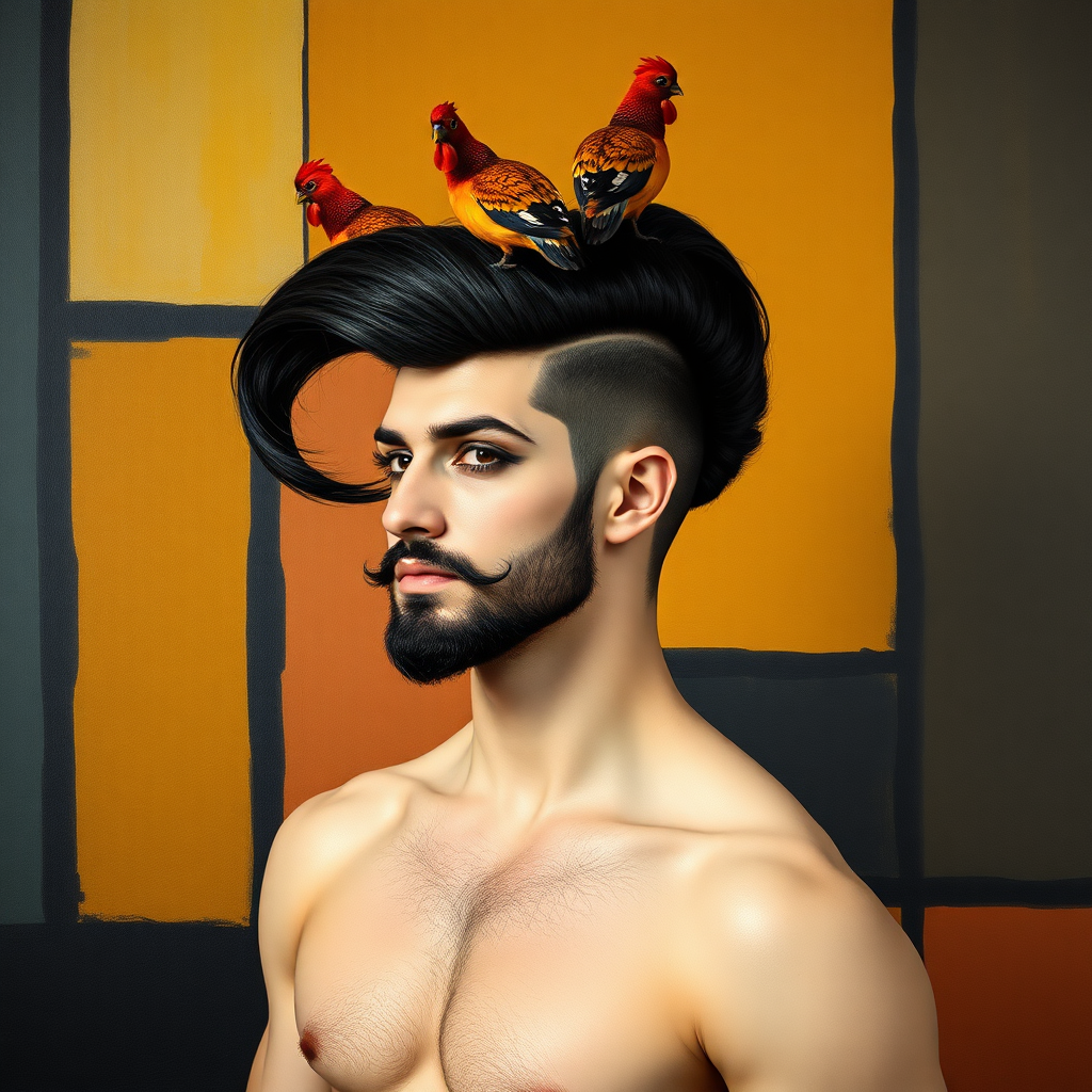 The background is a painting by Mondrian. A 4K hyper-realistic photograph in the style of Kandinsky, blending surrealism with kitsch. The subject is a man with an extravagant, French black haircut, styled in a flamboyant bun, paired with a sexy, masculine look. He sports a neatly groomed, three-day beard — short, evenly distributed, with a light shadow effect across the chin, jawline, and cheeks. His makeup is dramatic, like a drag queen, adding to the boldness of his appearance. He has a muscular, athletic build. He’s naked, standing confidently with a pin-up pose. Above him, smaller nutrias rest playfully on his head.