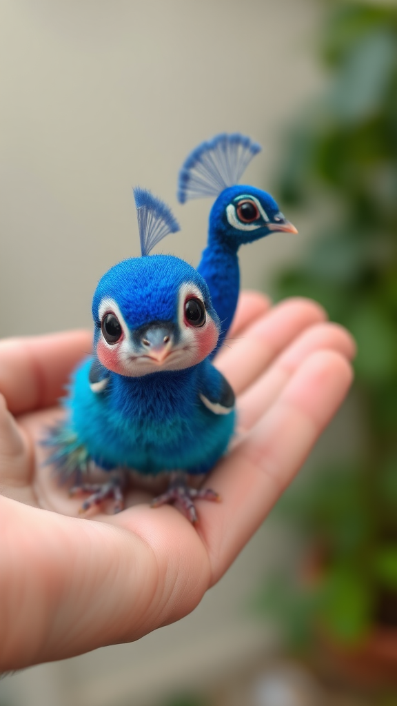 A small tiny cute chubby big eyes big perfect tail real blue dancing peacock with tail on hand