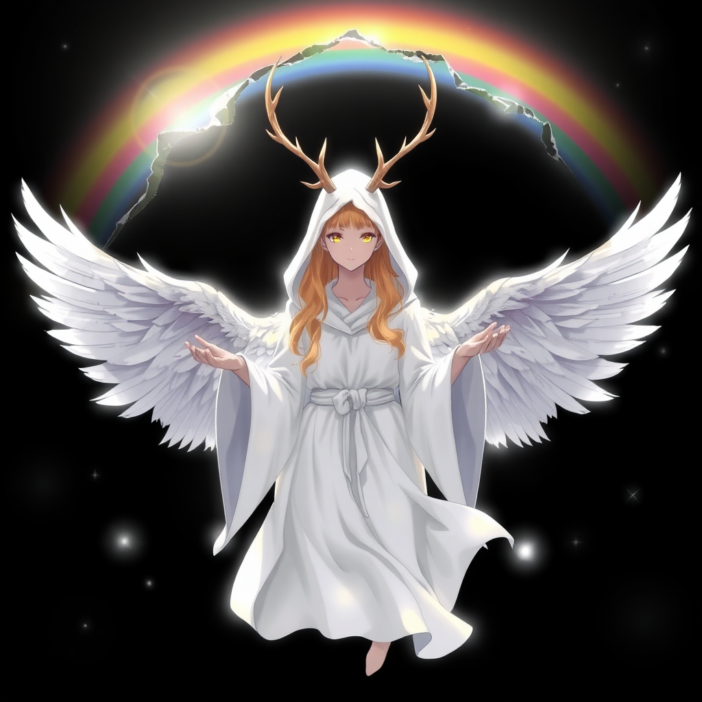 (Anime Style-art) Black background with rainbow-barrier broken, a completely female faceless, grey-skinned, wearing a white hood, golden-haired woman covered in pure white light, 2 deer antlers, 2 angel wings, glowing-white robes, hands out, floating mid-air, looking at viewer, full body view