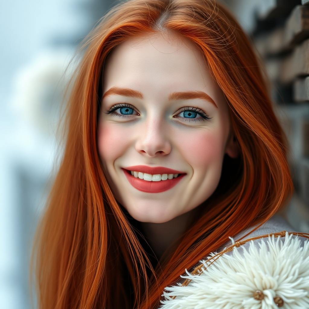 beautiful young woman with red long hair, full lips, pale skin, on Alaska, smiling