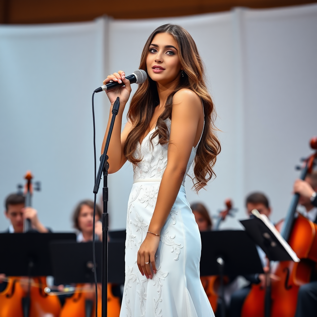 a young woman singing in a microphone. orchestra in background. she stands in the middle of the stage. long brunette hair with highlights, bright blue eyes. suntanned skin. small lips colored pale rose. looking to the side. wearing an elegant long white dress with transparent lace and white pumps. photo from some distance.