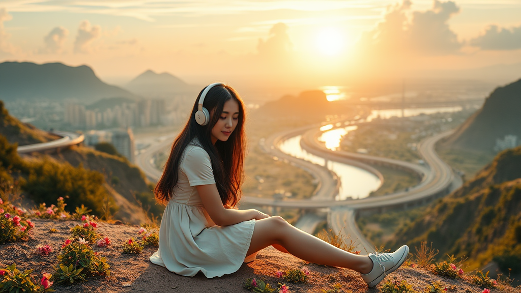 pretty Asian woman with long hair in pretty short dress, sitting on the ground with headphones, on an alien planet with an alien city in the background, nice greenery, flowers, rivers, and nice sunrise clouds, highways and streets, ultra realistic view and ultra high cinematic detail