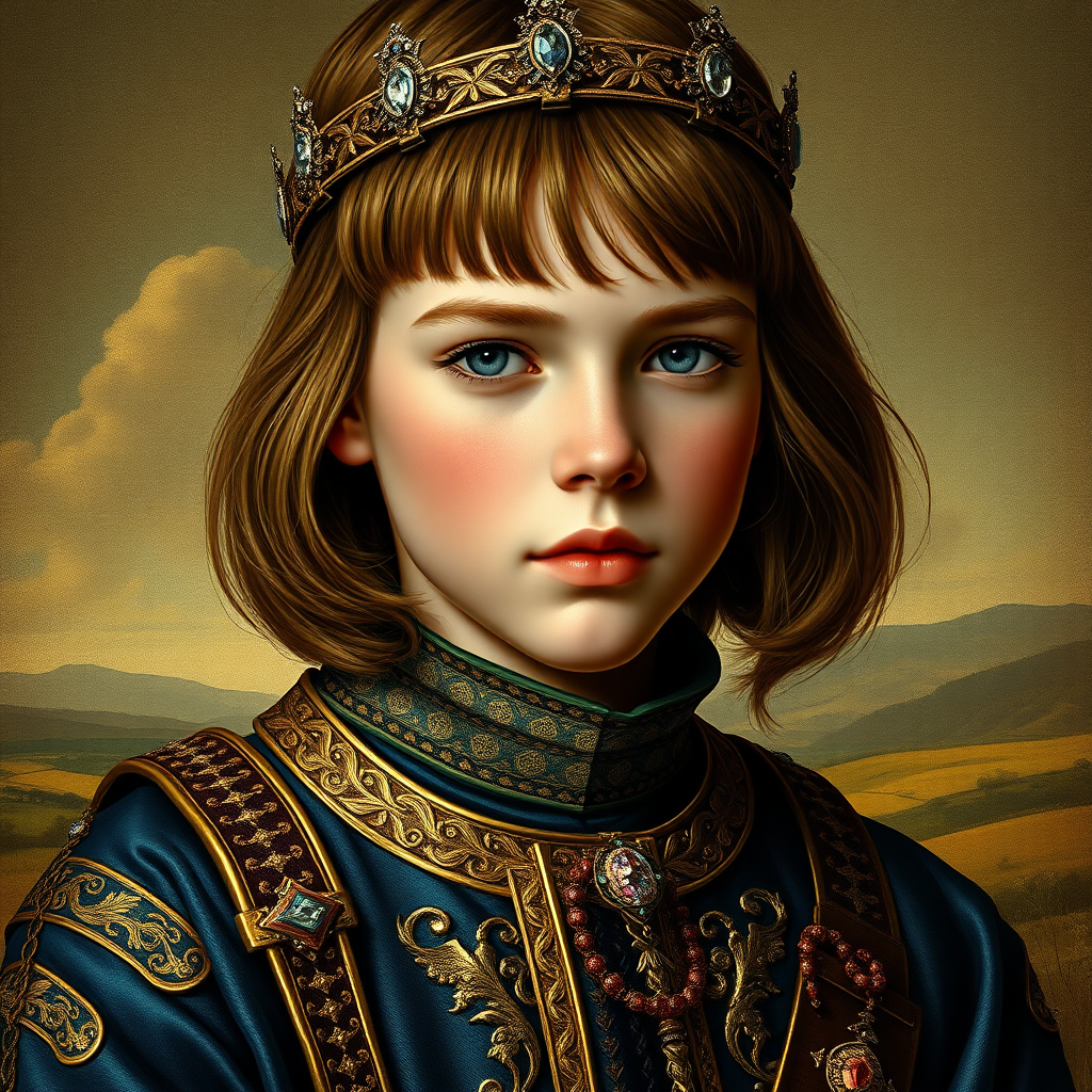 16yo teen boy prince, long bob cut, embroidered with gold and diamonds medieval cloths, diamond diadem, and Beautiful War. Free style  by FLUX photorealistic. The background is in the style of landscape style by Antonio del Polaiolo,Generating the signature at the bottom : Viva FLUX, Bach & Germany!, ultra high resolution, 16K, 