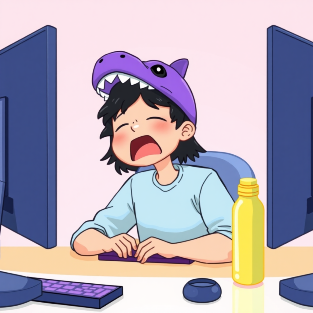 A high-quality illustration of a person sitting at a desk in front of a computer, yawning, with a purple dinosaur-themed cap and light blue shirt. The desk has a computer screen, a keyboard with purple keys, and a yellow bottle beside it. The view is the same as the original image with a light pink background and similar details, but the person now has a dinosaur cap instead of the original one.