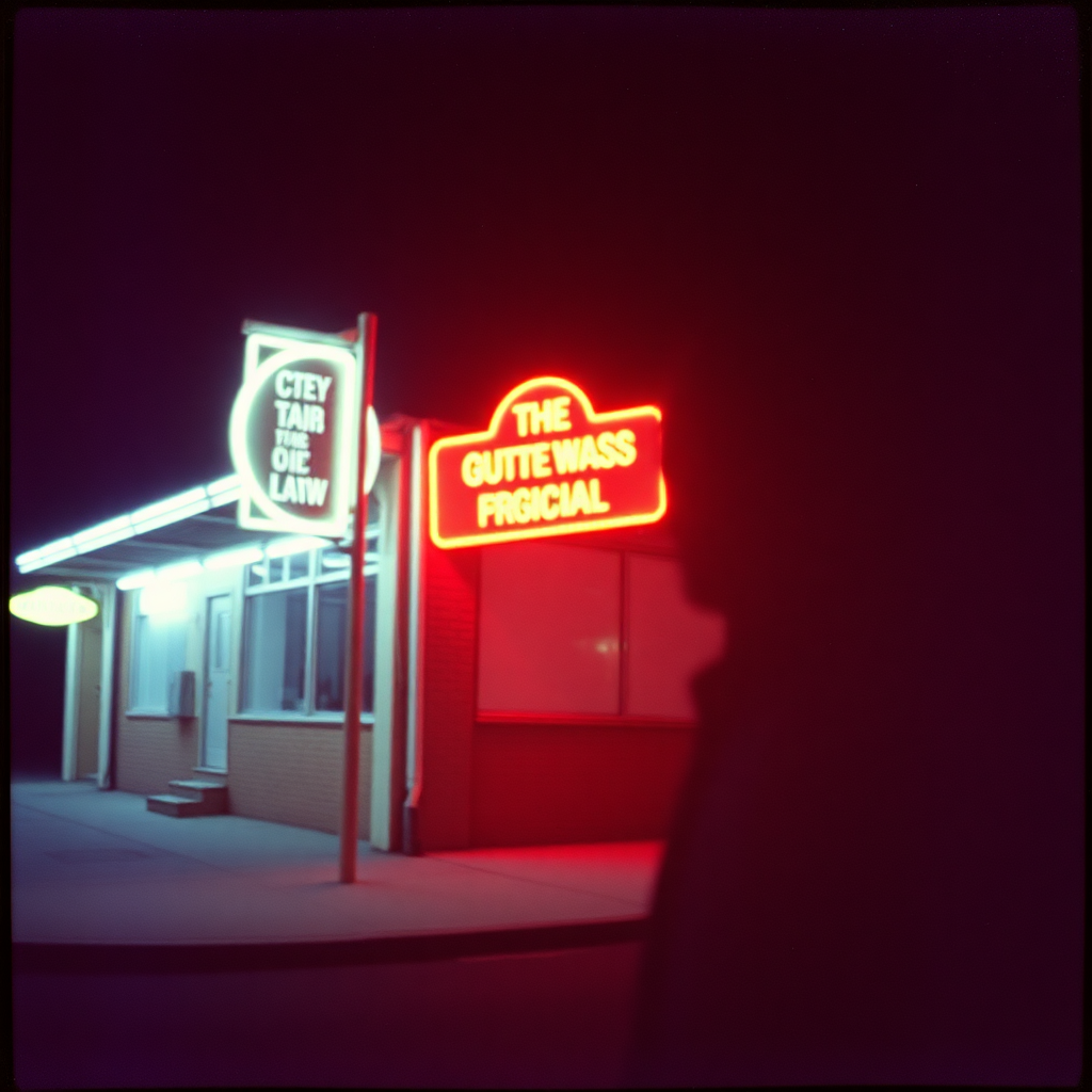 Highly detailed Kodachrome color real surrealist photograph from 1974 of Though man-made light, at night is very bright There's no whitewash victim As the neons dim, to the coat of white