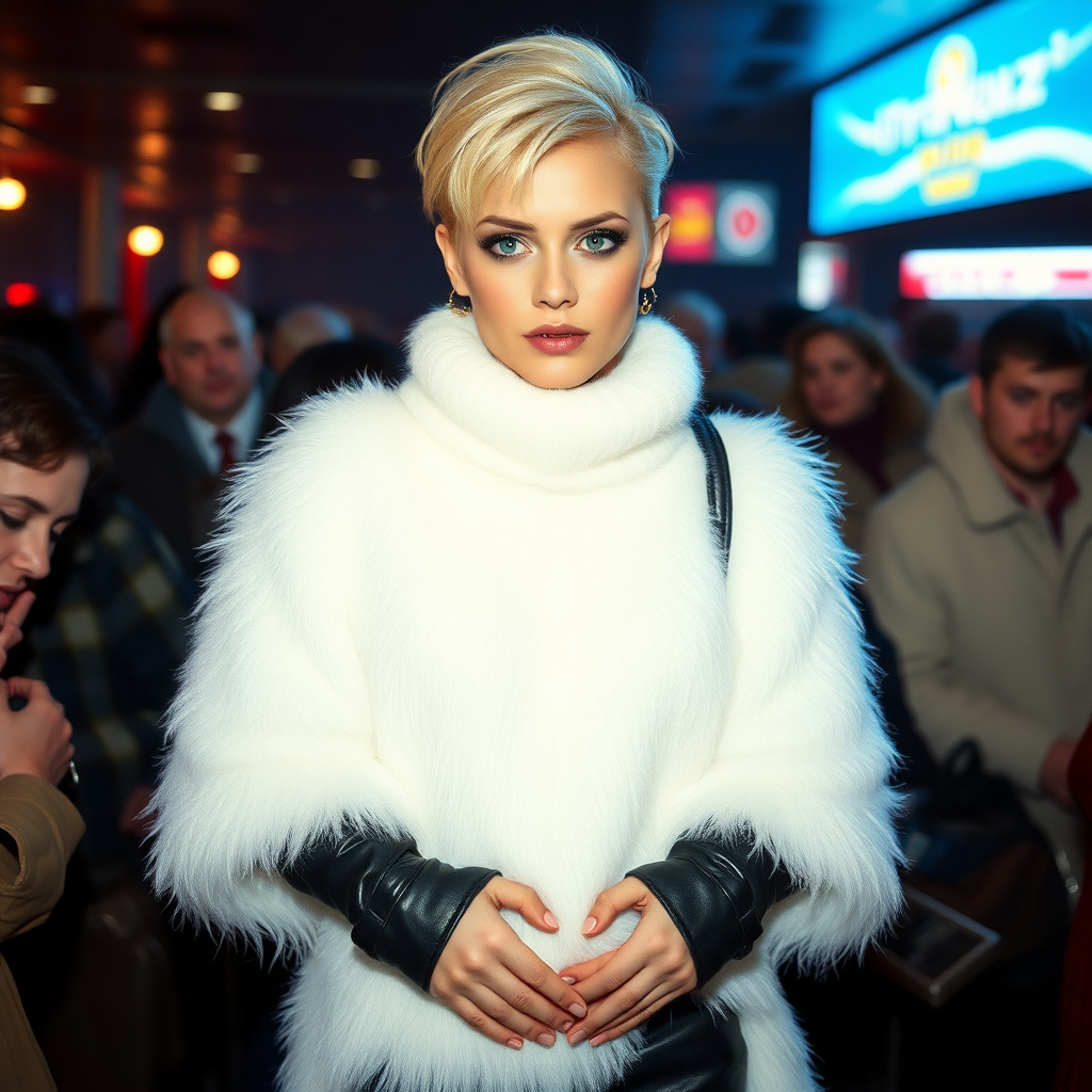 1990 winter evening, crowded cinema lobby: Sam, 19 years old beautiful involuntary femboy, rebellious intractable character, petite boyish figure, platinum blond boyish rebel punk hairstyle, flawless heavily made-up face with sharp arched tattooed eyebrows, wearing Supertanya-style fluffy very fuzzy bright white angora long turtleneck-poncho fully covering body and arms, black leather high-heeled thigh-high boots, gold earrings, puzzled alarmed, pout serious, impatiently waiting for her master. Full view, focus on Sam’s face and turtleneck-poncho.