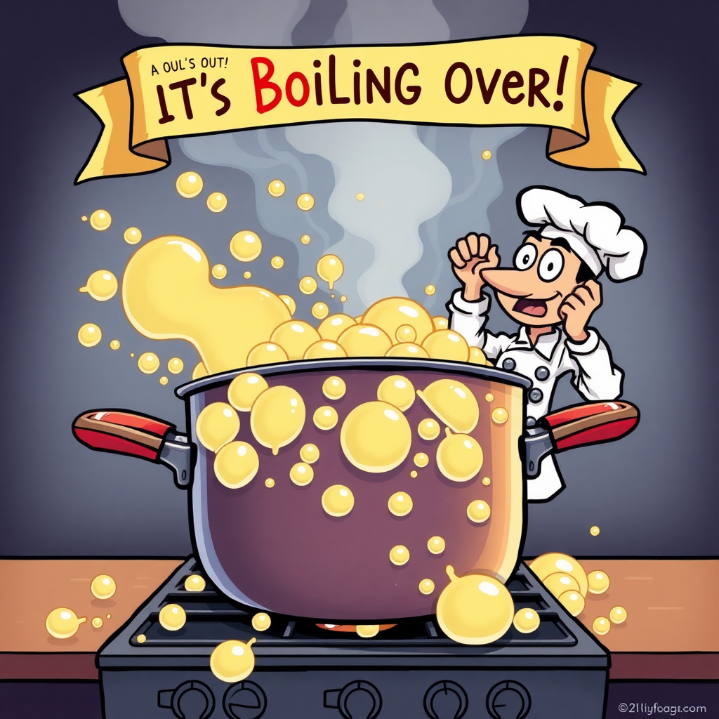 An imaginative scene of a large pot on a stove, with vibrant bubbles overflowing and steam rising, while a cartoon chef dramatically fans themselves, looking surprised at the boiling chaos, and a banner overhead reads, "Watch Out! It's Boiling Over!"