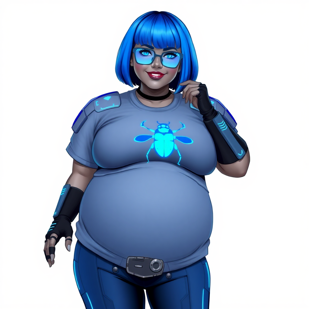 A 28-year-old, full-figured, metallic middle gray skinned computer program hybrid with a vibrant maximum blue bob cut. She has a non-athletic build, highlighted by a prominent, round, large midsection (fully emphasizing her round large belly) while being covered by her large t-shirt, reflecting her new junk food eating habits influenced by her boyfriend. As the full-figured, nerdy, digital sidekick to her cyberpunk vigilante boyfriend, her middle gray metallic skin and maximum blue lipstick underscore her digital essence. She dons a digital, computerized outfit: a large, tight-fitting, high-tech, maximum blue t-shirt with neon blue glowing beetle themed accents complete by a giant neon blue glowing beetle icon on the chest, hi-tech shoulder pads with neon blue accents, a black hi-tech belt with a digital sapphire beetle buckle, digital maximum blue pants with neon blue accents, and black hi-tech gloves with neon blue glowing accents. Her neon blue glowing eyes, black eyeglasses with neon glowing blue lenses equipped with a built-in HUD, and shy smile with neon red blush highlight her nerdiness. She stands bashfully with one hand behind her back and the other gently touching her cheek, her outfit covering all her bare skin and fully emphasizing her full-figured physique (especially her large belly). She is clearly non-athletic, with a full focus on her full-figured physique (with full emphasis on her round large belly). Despite her build, she radiates beauty. Her slim face contrasts with her physique, accentuating her radiant beauty. She is set against a solid white background. She is drawn as if she were in a retro 2D cyberpunk fighting game.