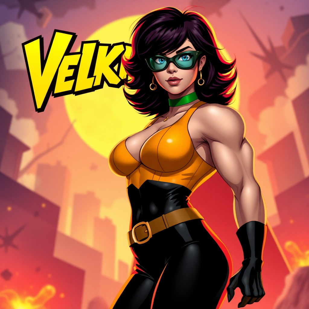 Create a full-length rendered image of a hybrid character: Velma Dinkley reimagined using the silhouette of a male bodybuilder. Retain her iconic costume while altering the outfit to fit the new muscular proportions. The background draws inspiration from Velma's universe, incorporating elements like mystery and adventure commonly associated with her character. Ensure a vibrant color palette and dynamic lighting that highlights the character's features and attire, creating an engaging and visually captivating scene.