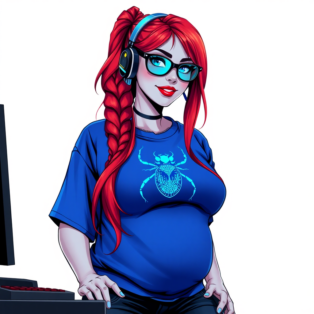 A cyberpunk vigilante’s full-figured intelligent and tech-savvy 28-year-old girlfriend, who is a computer hacker and tech genius. She has a long ruby red ponytail. She wears maximum blue lipstick, bright blue eyes, a sapphire beetle gemstone necklace, sapphire earrings, black eyeglasses, and an oversized maximum blue t-shirt featuring a blue sapphire gemstone crusted beetle chest icon. She has a full-figured physique with a prominent, massive, round belly, reflecting her well-cared-for lifestyle. She sports a sapphire headset with a hi-tech maximum turquoise lensed HUD, and a shy smile with a neon red blush. She serves as his tech expert from his hideout, diligently working at her lab table computer desk. The background is solid white. She is drawn as if she was in a retro 2D cyberpunk fighting game. Ensure her t-shirt covers her belly.