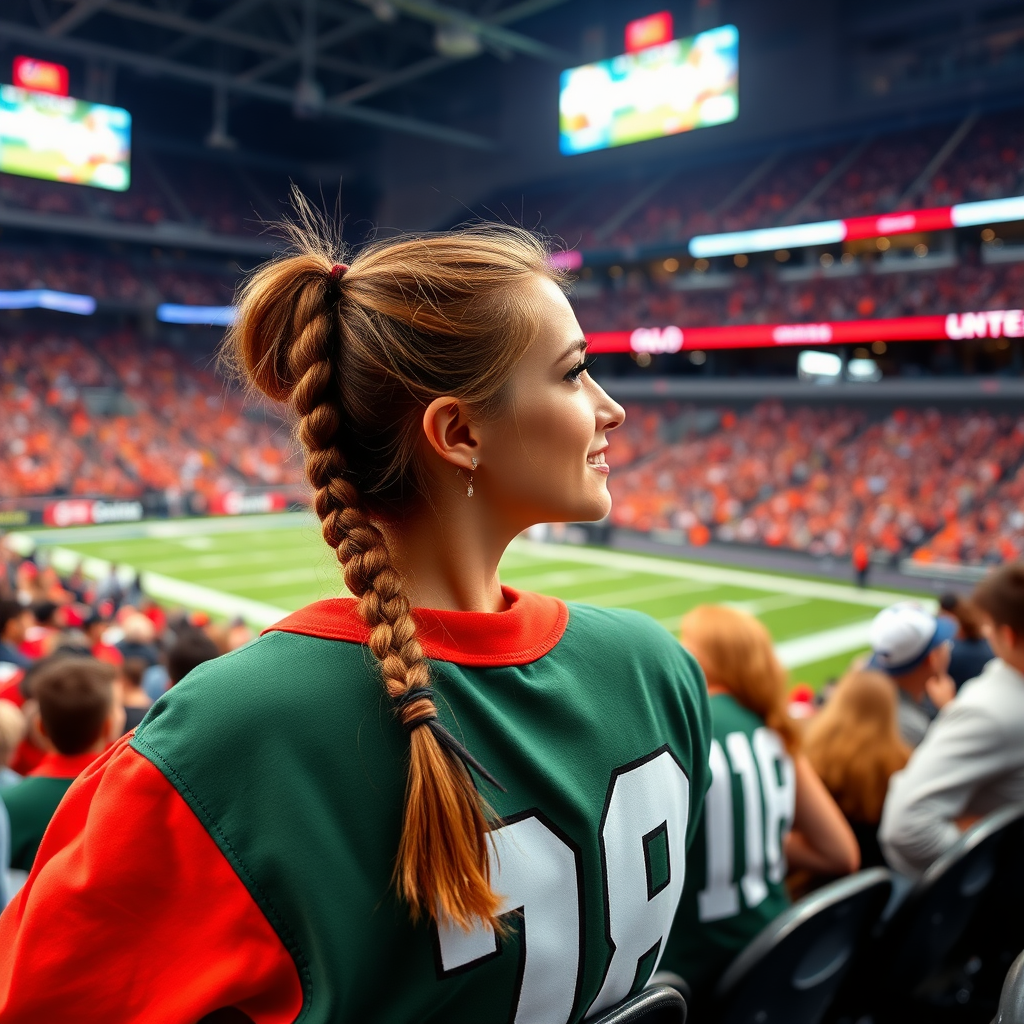 Attractive female NFL fan, pigtail hair, watching with her friends, inside crowded bleachers, NFL stadium