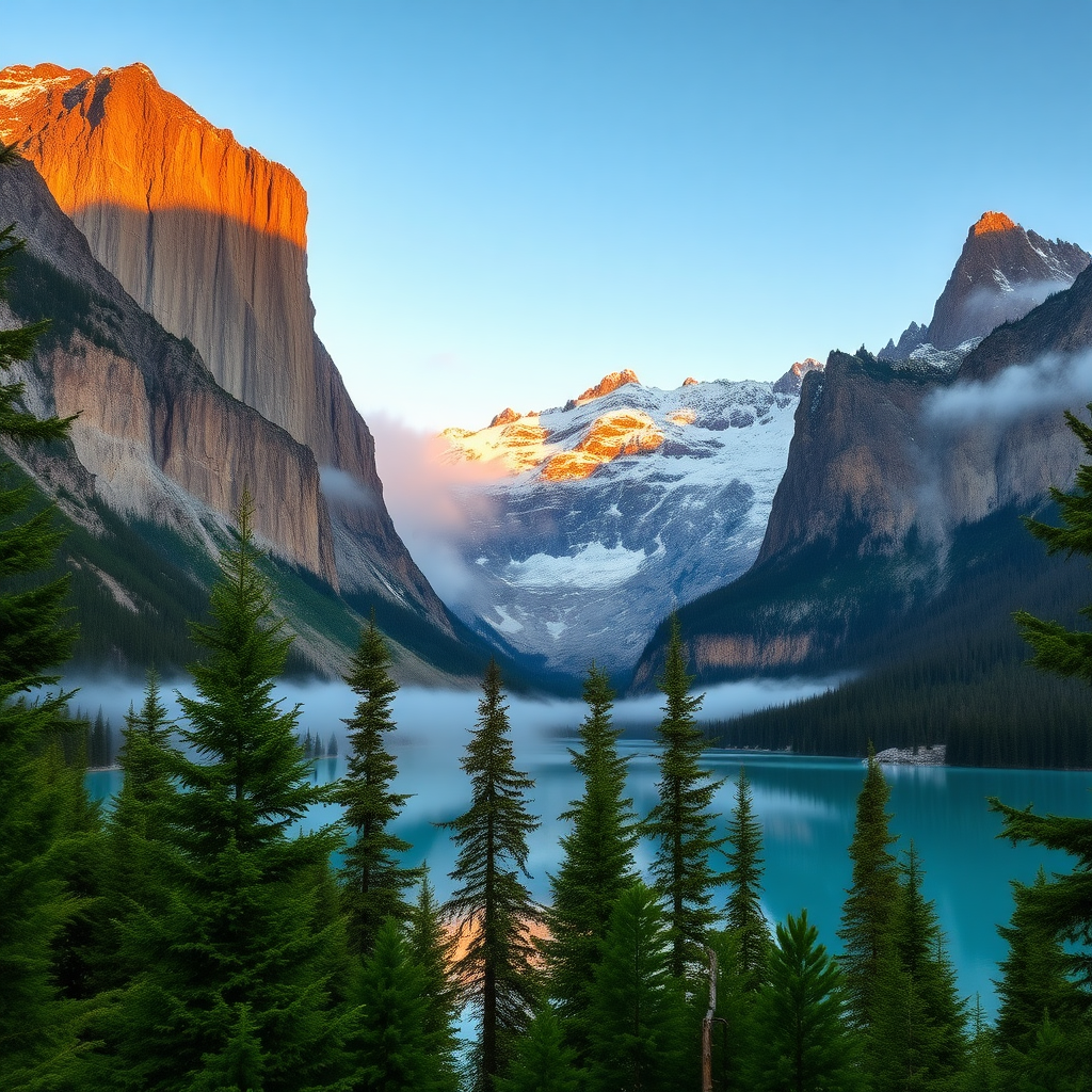 Majestic mountain landscape at dawn, featuring towering, rugged peaks capped with snow, reflecting warm hues of early sunlight against a cool, tranquil lake. The scene is framed by lush evergreen trees in the foreground, creating a sense of depth. The water is shimmering in shades of turquoise, mirroring the surrounding nature and adding a touch of serenity. Soft mist blankets the valley, enhancing the ethereal quality of the environment. Rich greens of the forest contrast with the deep blues of the lake and the warm oranges and browns of the rocky mountains. A hyperrealistic style emphasizes the intricate details of the foliage, rocky textures, and reflections in the water.