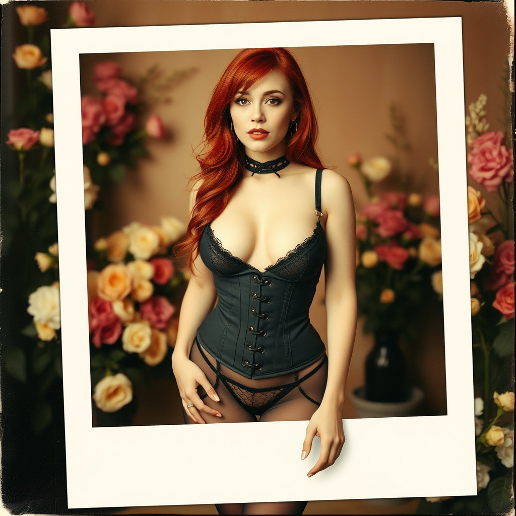 old polaroid photo depicting a sexy curvy alt goth girl with red hair wearing an underbust corset and mesh bra barely covering nipples and black stockings with thong panties standing in a photography studio filled with flowers