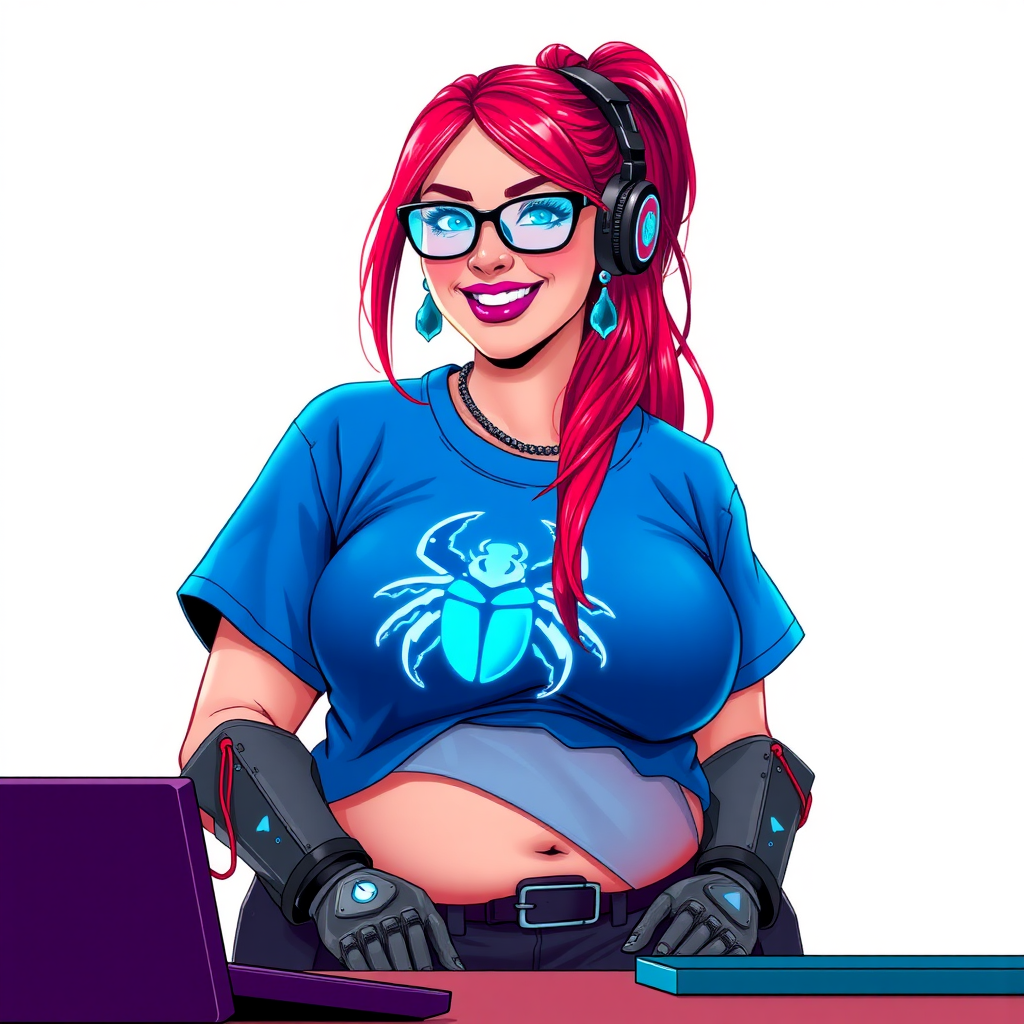 A cyberpunk vigilante’s full-figured intelligent and tech-savvy 29-year-old girlfriend, who is a computer hacker and tech genius. She has a long ruby red ponytail and bright blue eyes. She wears maximum blue lipstick, a sapphire beetle gemstone necklace, sapphire earrings, black eyeglasses, hi-tech metal arm armor, and an oversized maximum blue t-shirt featuring a neon blue glowing icon of a scarab beetle on its chest. She has a full-figured physique with a giant, round midsection, reflecting her well-cared-for lifestyle. She sports a sapphire headset with a hi-tech maximum turquoise lensed HUD, and a beaming smile with a passionate bright red blush. Despite her figure and a lack of self-esteem, she radiates beauty. She has a slim face which contributes to her radiant beauty. She serves as his tech expert from his hideout, diligently working at her lab table and computer desk. The background is solid white. She is drawn as if she was in a retro 2D cyberpunk fighting game.