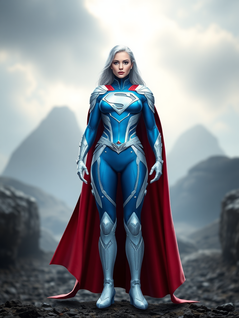 Generate a full-length image of a character with the body attributes of Emma Frost, including height, frame, and shape, but with the iconic costume and characteristics of Superman. Incorporate embellishments and elements from Emma Frost's costume into the design. Set the background in an environment appropriate for both characters' aesthetics and powers.