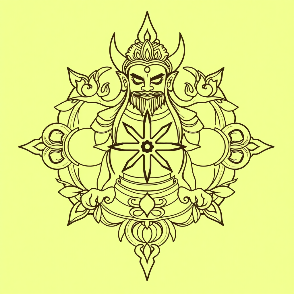 Create a symmetrical line art illustration in the style of traditional Southeast Asian sacred tattoo art. Use bold, clean, and fluid lines with minimal shading. Emphasize balance and harmony in the composition. Include simplified yet defined shapes to outline the forms and features. The entire image should be monochromatic, using only shades of green. Incorporate elements that suggest strength, protection, and spiritual significance. Ensure the overall style is reminiscent of Sak Yant tattooing, with a focus on symbolism and clarity rather than excessive detail.