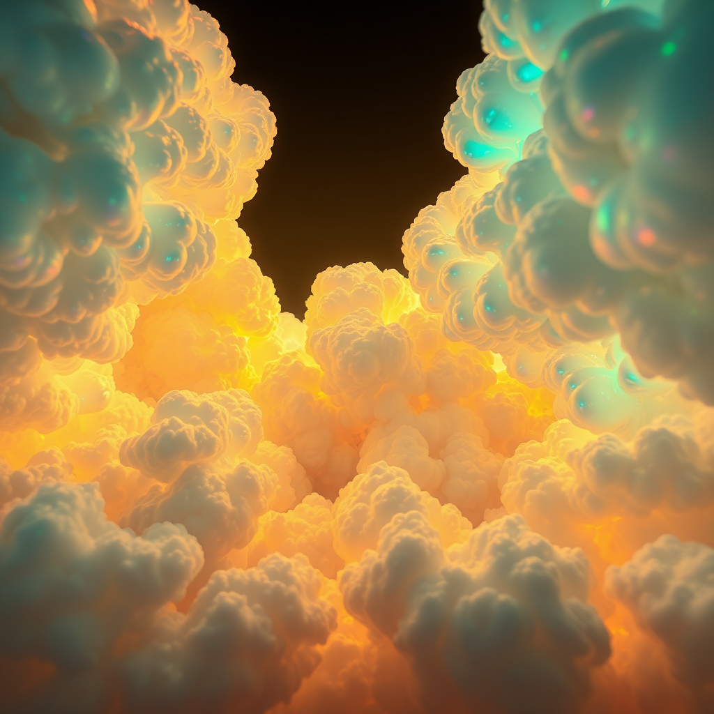 mandelbulb clouds, Low Key Lighting, dreamscape, abstract, brilliant colors, glittering, translucent, iridescent, glowing, artistic photo, panoramic, airy, original, experimental, fractal, generative art, calm, cinematic shot, opal, gold