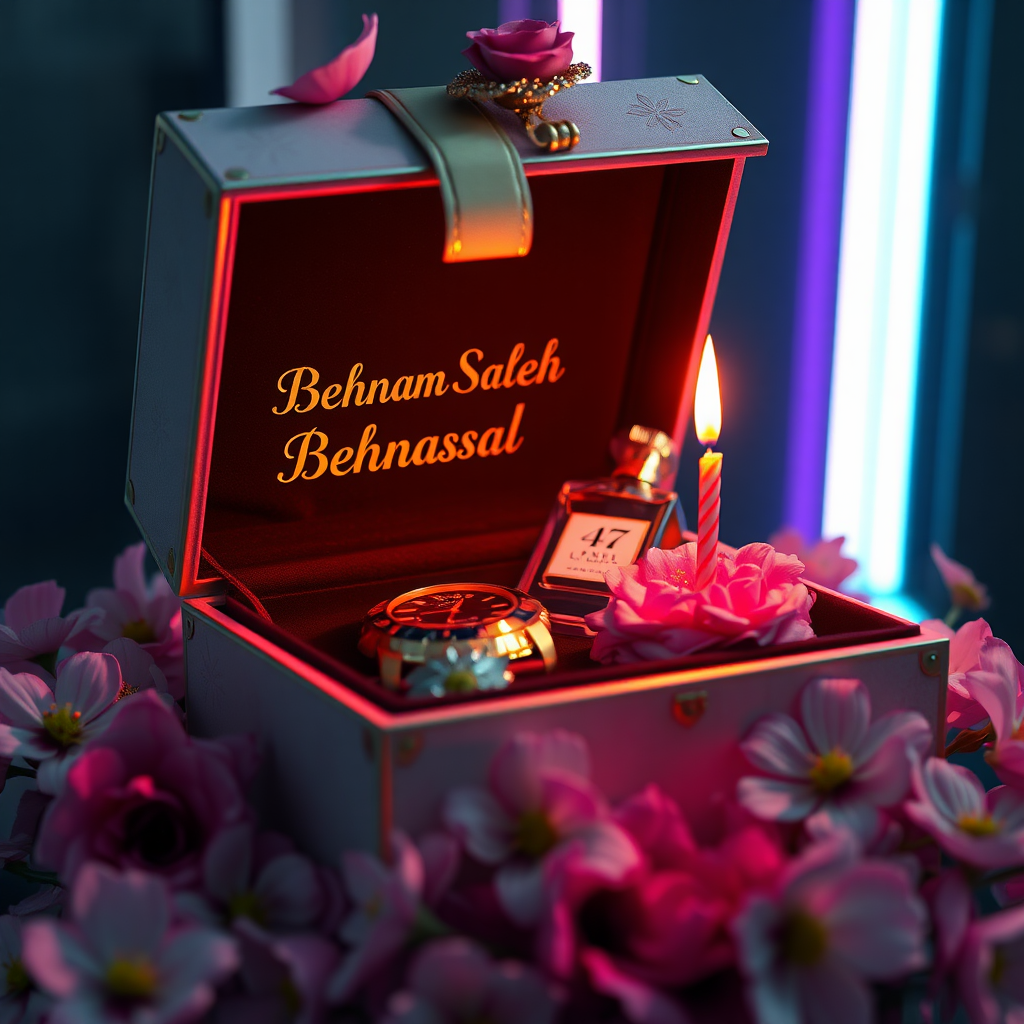 ### **Title:**
**"Behnam Saleh's Exquisite Birthday Gift"**

### **Artistic Vision:**
Create a mesmerizing digital art masterpiece that seamlessly blends hyper-realistic detail with a vibrant, cinematic atmosphere. The artwork should evoke a lasting emotional impact, inviting viewers to explore themes such as the delicate balance between luxury and personalization, and the joy of gifting. This piece aims to captivate audiences with its elegance, sophistication, and profound symbolic resonance, making it the perfect visual representation of a memorable birthday present.

### **Scene Description:**
Depict an exquisitely crafted gift box adorned with intricate detailing, prominently featuring the name "Behnam Saleh" in a sleek, modern font. The box should appear partially open, revealing a collection of luxurious and personalized items inside, including a high-end watch, an elegant eau de parfum bottle, and a small, beautifully decorated birthday cake with a lit candle displaying the number **47**. Surround the box with delicate pink primroses and daisies, creating a striking contrast against the box's dark, velvety interior. Ensure that the additional elements are thoughtfully arranged to maintain a clean and uncluttered scene while enhancing the overall sophistication and allure. Employ hyper-realistic rendering techniques to add depth and dimension. Embrace a neon-infused, dark fantasy aesthetic to create a visually stunning and emotionally evocative scene.

### **Key Artistic Elements:**
- **Lighting & Atmosphere:** Utilize neon lighting to create a cinematic and conceptual ambiance, blending vibrant colors with dark fantasy elements.
- **Color Contrast:** Achieve a stunning contrast between the bright pink flowers and the dark interior, emphasizing the focal points.
- **Textures:** Incorporate varied textures, from the sleek surfaces of the luxury items and the smooth glass of the eau de parfum to the intricate detailing of the gift box and the delicate icing on the birthday cake, enhancing tactile realism.
- **Composition:** Employ off-center placement for the box and its contents to guide the viewer's eye through the scene, balancing intimate close-ups with the broader setting. Ensure that the watch, eau de parfum, and birthday cake are harmoniously arranged to avoid clutter while highlighting each item’s elegance.
- **Symbolism:** Infuse the artwork with subtle symbolic motifs that provoke contemplation on themes like the joy of giving, the value of meaningful gifts, and the personalization of luxury.

### **Technical and Artistic Specifications:**

- **Resolution & Display:**
  - Render in stunning **8K UHD** resolution, ensuring crisp detail and vibrant colors suitable for high-profile platforms like ArtStation and Behance.

- **Digital Art Techniques:**
  - Utilize advanced software such as **Corel Painter**, **ZBrush**, and **Adobe Photoshop** to achieve exceptional 3D volume, precise shading, and ultra-fine detailing.

- **Materials & Textures:**
  - Incorporate high-quality digital pigments, metallic flakes, and glass bead effects to ensure textures appear vibrant and dynamic under various lighting conditions.

- **Lighting & Depth:**
  - Implement a tranquil chiaroscuro effect with a subtle interplay of light and shadow, enhancing depth and clarity.
  - Use soft, delicate colors complemented by nuanced shades of grey, black, and white to add depth without overwhelming the scene.

- **Rendering Quality:**
  - Apply advanced rendering techniques and 3D volumetric effects for unparalleled detail and sharpness.
  - Include hyper-realistic pencil sketch textures to emphasize intricate details.

- **Composition & Focus:**
  - Emphasize gentle, lifelike depth and striking details with a cinematic close-up approach.
  - Use a balanced **f/11 aperture** and a raw photographic style with advanced v6 enhancements to render vivid colors and minute details at an unparalleled level of realism.

- **Overall Harmony:**
  - Achieve maximum harmony across all elements, resulting in a balanced and cohesive composition that captivates both technically and emotionally.

### **Additional Elements to Include:**
- **Symbolism:** Integrate subtle gestures, expressions, or symbolic motifs to add deeper emotional resonance, encouraging viewers to reflect on the depicted themes.
- **Detailing:** Ensure impeccable draughtsmanship with flawless precision in the luxury items, botanical accuracy in the primroses and daisies, and intricate decoration on the birthday cake.
- **Lighting Effects:** Utilize the interplay of light and shadow to evoke lifelike realism and enhance the dreamlike atmosphere.
- **3D Volumetric Effects:** Add depth and spatial qualities to create a more immersive visual experience.
- **Hyper-Realistic Textures:** Ensure all textures appear tactile and vibrant, enhancing the overall realism of the artwork.

### **Final Outcome:**
The final artwork should be a compelling masterpiece that captivates viewers, encouraging them to pause and reflect long after experiencing it. It should demonstrate peerless technical mastery combined with a profound artistic vision, affirming art's vital role in cultural and intellectual life. The signature on the piece should signify its stature, standing proudly alongside works by history’s masters.