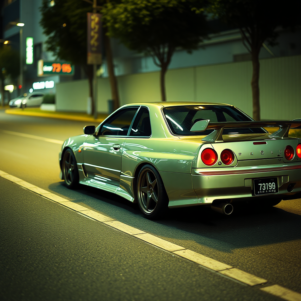 the car is parked on the side of the road, inspired by Taiyō Matsumoto, tumblr, restomod, nd4, c4 metallic shine nissan skyline r34 kalabalik tokyo gece arkaplan