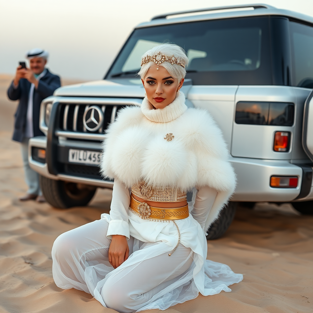 Kuwait desert dunes misty dawn, full size luxury SUV: Melissa, European 17 years old very convincing femboy “trophy-bimbo”, tamed servile docile, very beautiful feminine flawless face, rather short, by hormones very curvaceous womanly figured, platinum blond short tight curls, bold red lips, heavily made-up face, wearing Supertanya-style fluffy very fuzzy bright white angora turtleneck-poncho cropped ending under bust decorated with pearls and gemstones, striking oriental wide gold bridal protection belt, white fully transparent harem pants, full Oriental bridal jewelry with striking headpiece, full Oriental face-jewelry, striking diamond “$$$” letter brooch on left chest, pout frustrated, hands tied behind back, kneeling in sand in front of SUV, looking at camera. Focus on face and turtleneck-poncho. Standing behind leaning against SUV: older overweight mighty sheik laughing taking pictures with mobile phone.