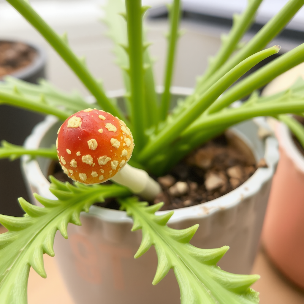 A small mushroom-like structure inserted into a plant pot. The mushroom head has red with yellow spots.