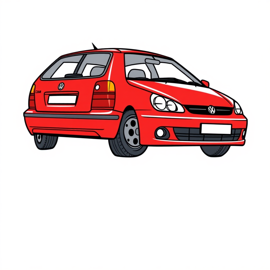 3 door red vw polo II car, long establishing shot, 2D, caricature, cartoon, Sketch lines, coloring book, coloring book style on white background, well composed, clean coloring book page, No dither, no gradient, strong outline, No fill, No solids, vector illustration, realistic proportions, left side view