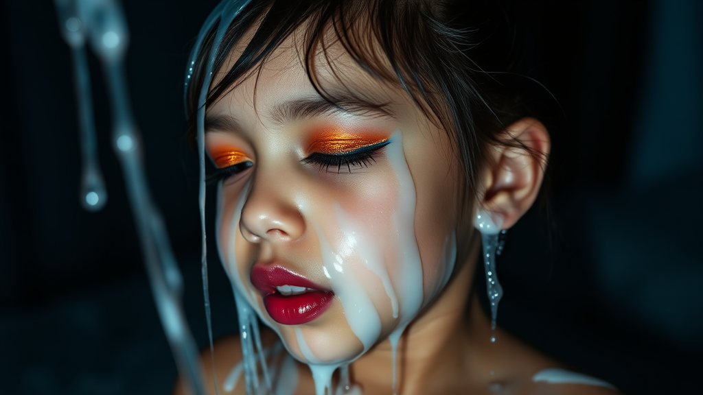 four-year-old-latina-female-child.
She is wearing intense-orange-glitter-eyeshadow, thick-winged-eyeliner with very-dramatic-eyeliner-wings, and dark-burgundy-glossy-lipstick.
Her face is covered with very thick random-angle streams of goopy, stringy, glistening, clear liquid with a white hue.
Her lips are coated with the goopy liquid.
She has her eyes closed.
She appears to have received a facial.
A stream of the liquid is flying horizontally towards her mouth.
They dumped so much liquid on her face.
Full-body-image, dark motel room at night, amateur flash photography, up-angle-shot, profile view.