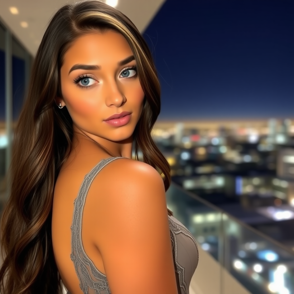 a young woman. long brunette hair with highlights, bright blue eyes. suntanned skin. small lips colored pale rose. looking to the side. wearing an elegant gray dress with transparent lace. view from far. night sky in background. photo