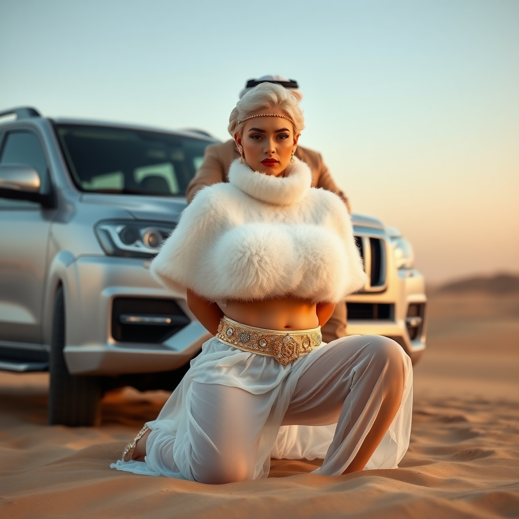 Kuwait desert dunes misty dawn, full size luxury SUV: Melissa, European 17 years old very convincing femboy “trophy-bimbo”, tamed servile docile, very beautiful feminine flawless face, rather short, by hormones very curvaceous womanly figured, platinum blond short tight curls, bold red lips, heavily made-up face, wearing Supertanya-style fluffy very fuzzy bright white angora turtleneck-poncho cropped ending under bust decorated with pearls and gemstones, striking oriental wide gold bridal protection belt, white fully transparent harem pants, full Oriental bridal jewelry including headpiece, nose-ring, coin anklets, striking diamond “$$$” letter brooch on left chest, pout frustrated, hands tied behind back, kneeling in sand in front of SUV, looking at camera. Focus on face and turtleneck-poncho. Standing behind Melissa: older overweight tall proud sheik, approvingly padding Melissa.