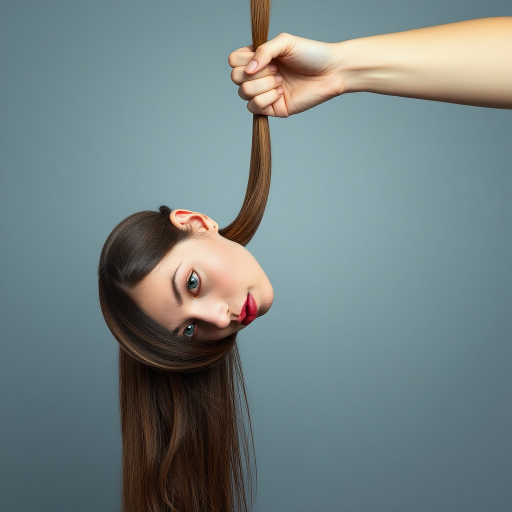 Surreal image of a very long haired woman's beautiful disembodied head hanging by her very long hair.  Her very long hair is gathered at the top of her head into a long ponytail that stretches upward into a grasped hand.  Plain gray background.  She has an aroused expression on her face while biting her lip.