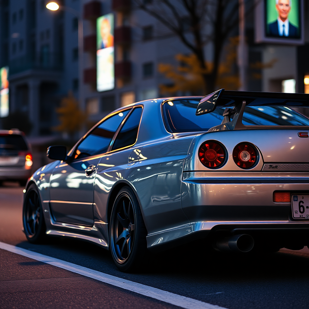 the car is parked on the side of the road, inspired by Taiyō Matsumoto, tumblr, restomod, nd4, c4 metallic shine nissan skyline r34 hard light