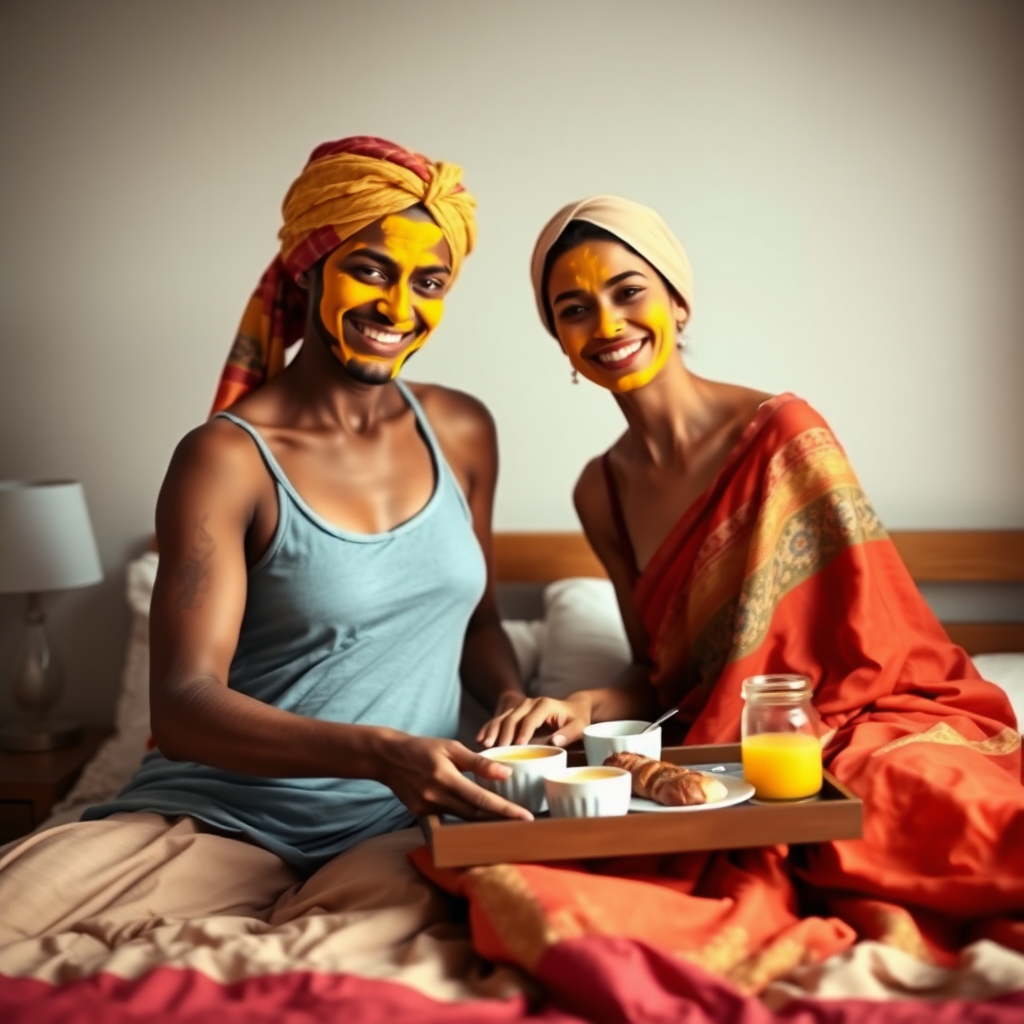 slim, 30 year old, sexy, 2 indian wives, scarf head, turmeric face mask. They are smiling and serving breakfast on a tray on bedside table