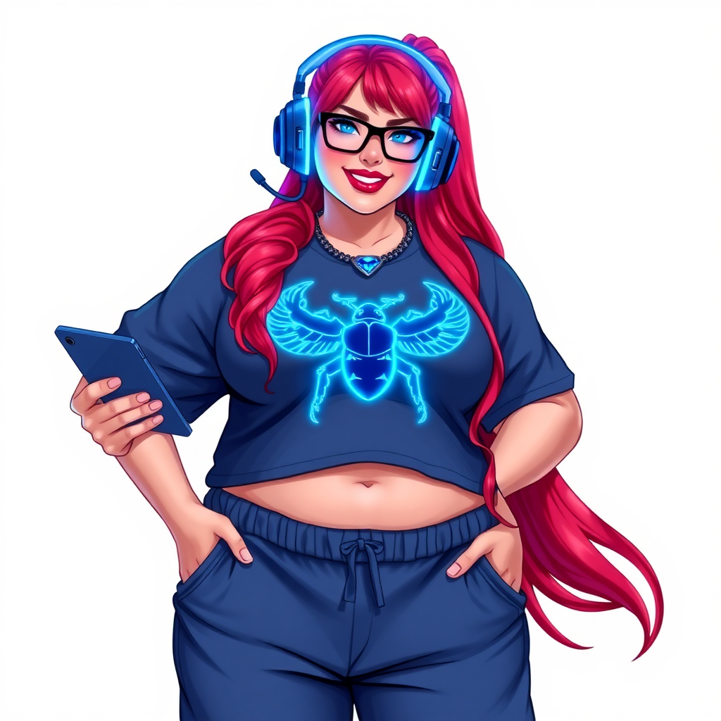 A cyberpunk vigilante’s full-figured intelligent and tech-savvy 29-year-old girlfriend, who is a computer hacker and tech genius. She has a long ruby red ponytail and bright blue eyes. She wears a sapphire beetle gemstone necklace, an oversized Maximum Blue (RGB 71, 171, 204) t-shirt featuring a giant neon blue glowing chest icon of a winged beetle, and matching Maximum Blue sweatpants. She has a full-figured physique with a prominent, enormous, round midsection, reflecting her well-cared-for lifestyle. She sports a sapphire headset with a hi-tech sapphire lensed HUD visor, Maximum Blue (RGB 71, 171, 204) lipstick, black eyeglasses, and a beaming smile with a passionate bright red blush. Despite her figure and a lack of self-esteem, she radiates an air of beauty. She has an angular face which contributes to her radiant beauty. She serves as his tech expert from his hideout, holding a holographic tablet and a hi-tech tool wrench. The background is solid white. She is drawn as if she was in a retro 2D cyberpunk fighting game. Make sure her outfit covers her midsection.