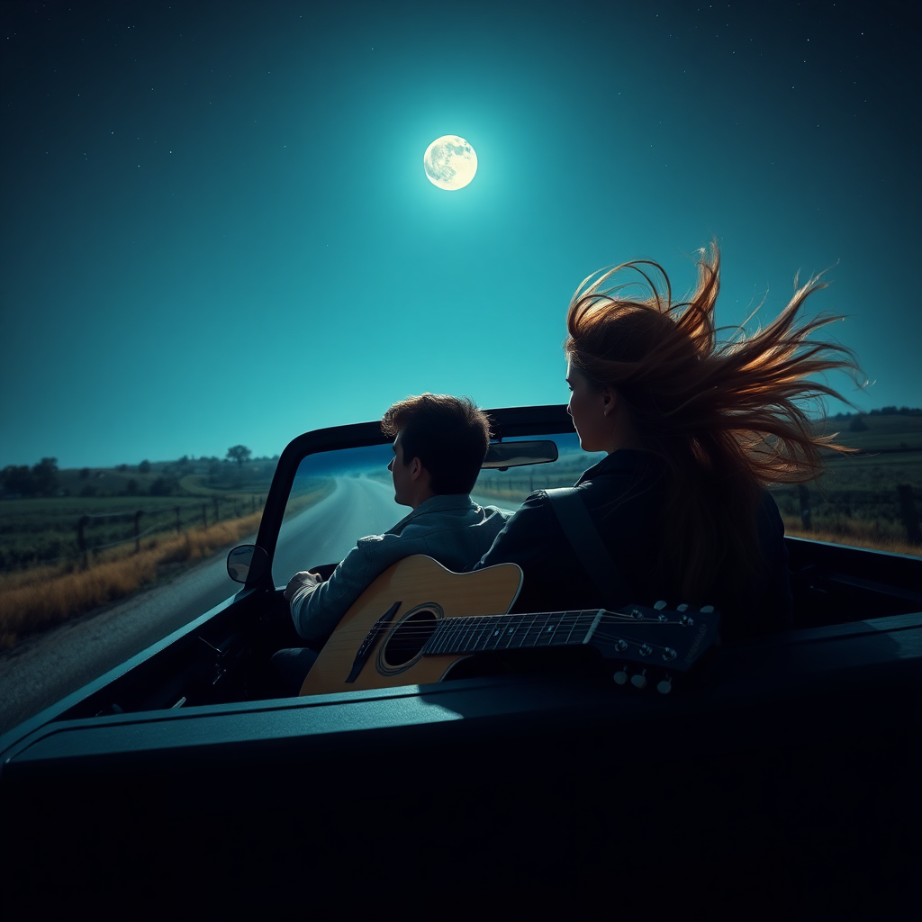 An image of a young couple driving down country roads in the middle of the night with the moon out and the stars above in their pickup truck with the top down. The guy is in the driver's seat. The woman in the passenger seat. There is a guitar in the flat bed. The woman's hair is blowing in the wind.